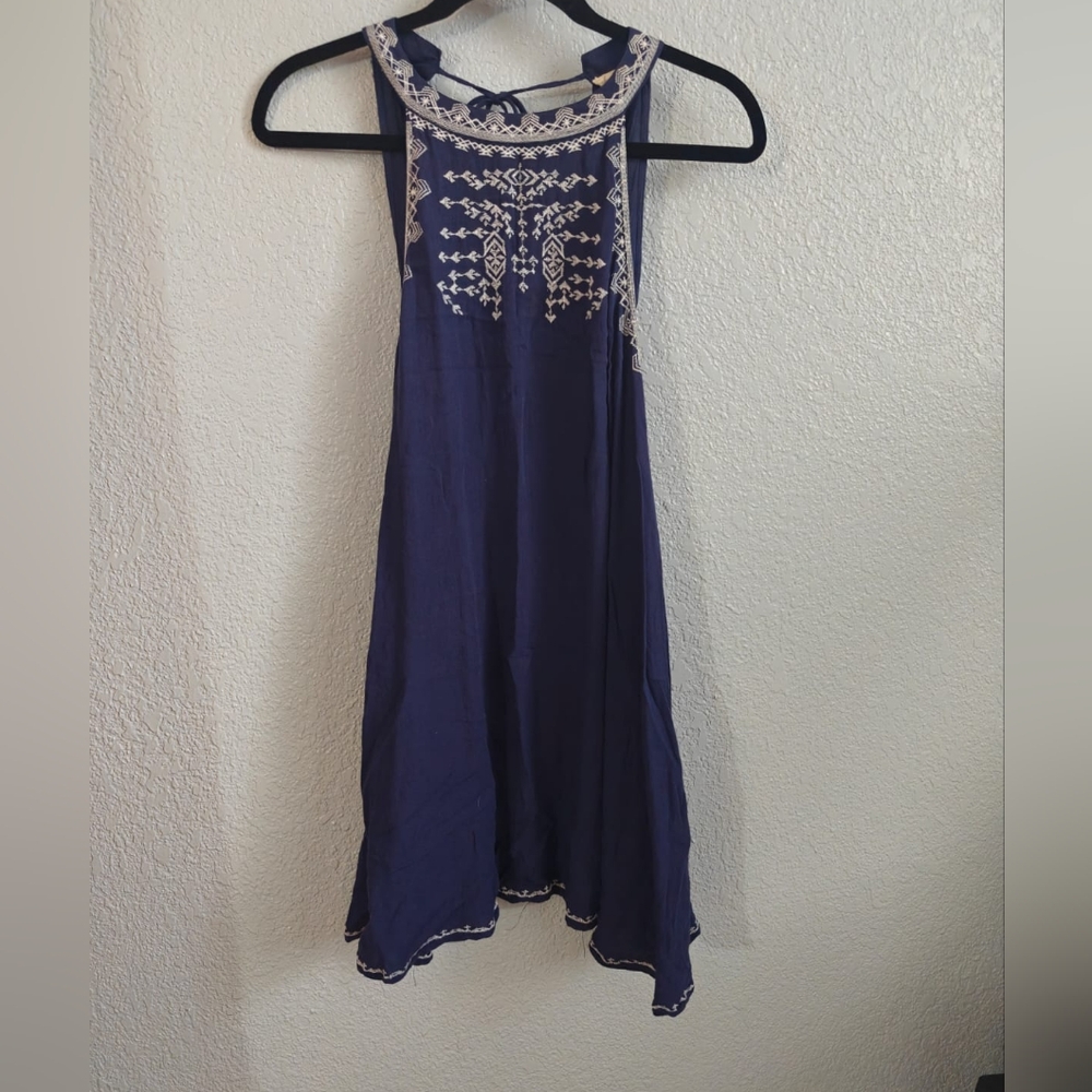 On The Road Dark Blue Dress with White Embroidery